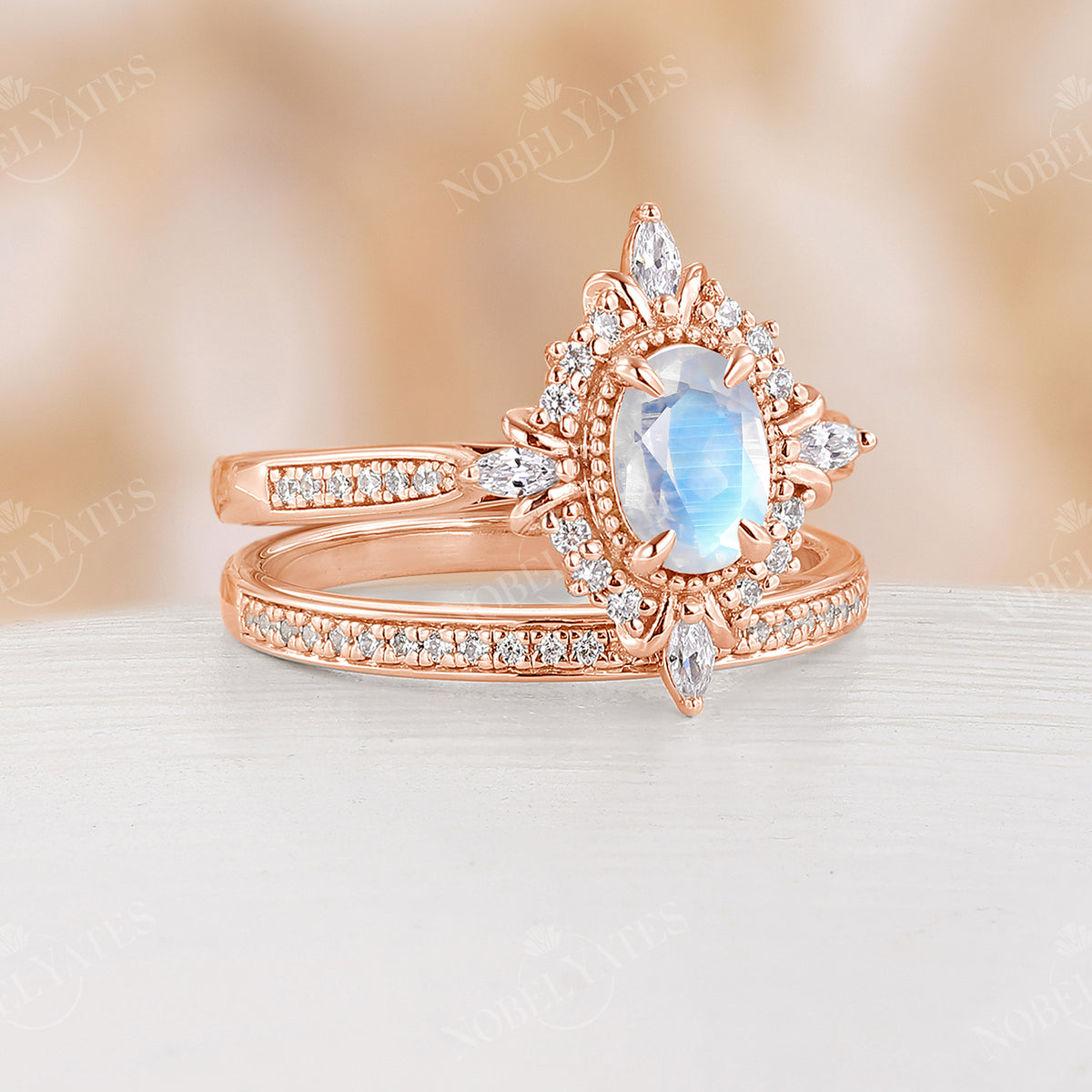 Vintage Oval Moonstone Milgrain & Pave Engagement Ring Set Rose Gold