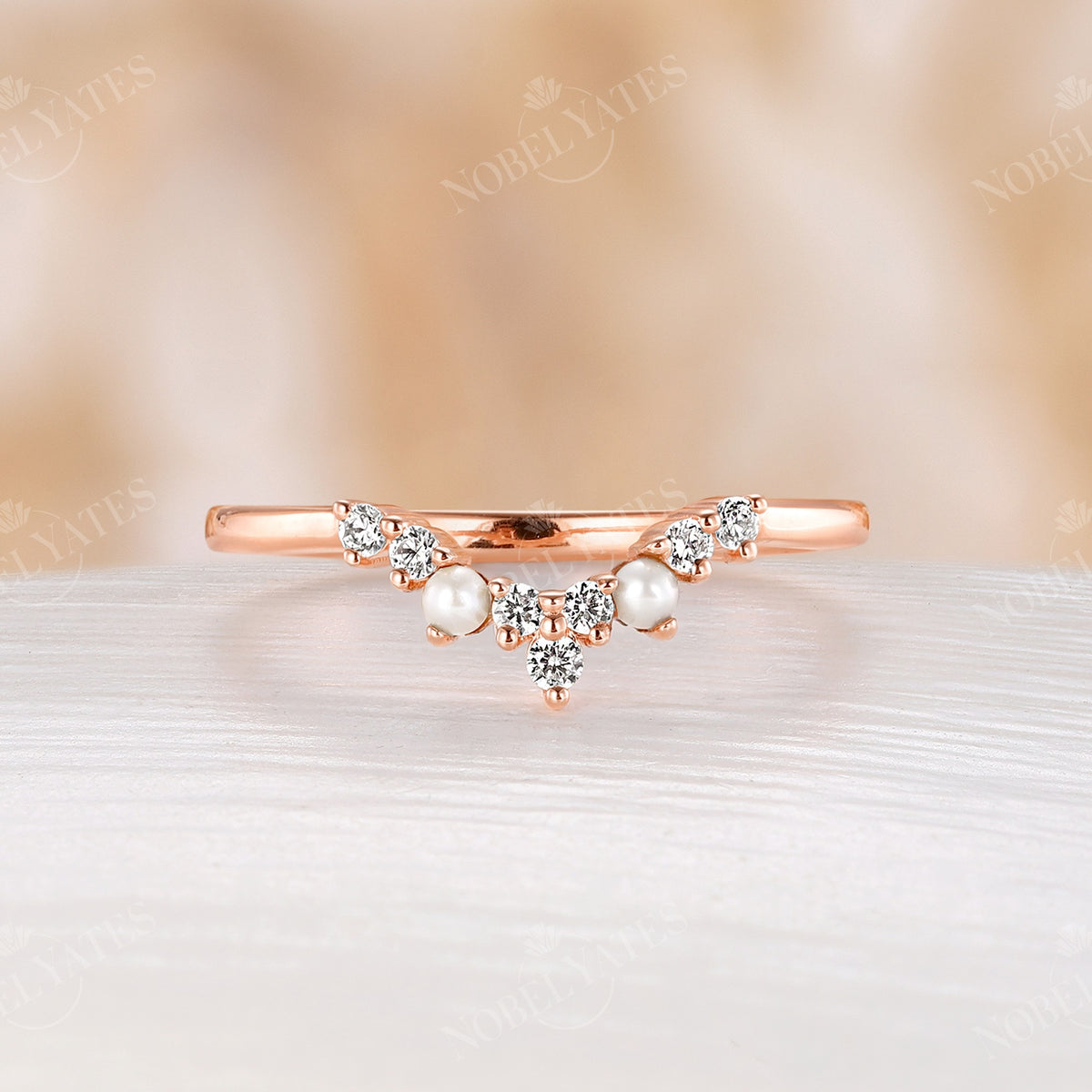 Pearl & Moissanite Curved Matching Wedding Band Rose Gold