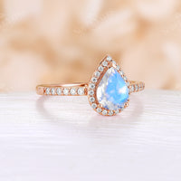 Vintage Pear Shape Moonstone Rose Gold Pave & Halo Engagement Ring