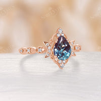 Lab Alexandrite Celestial Pear Cut Engagement Ring Vintage Rose Gold