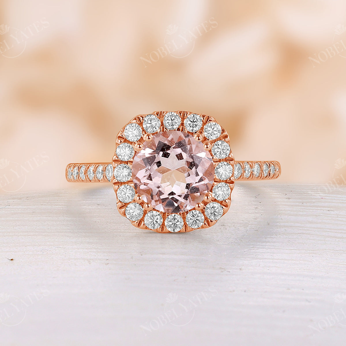 Round Orange Pink Morganite Halo & Pave Engagement Ring