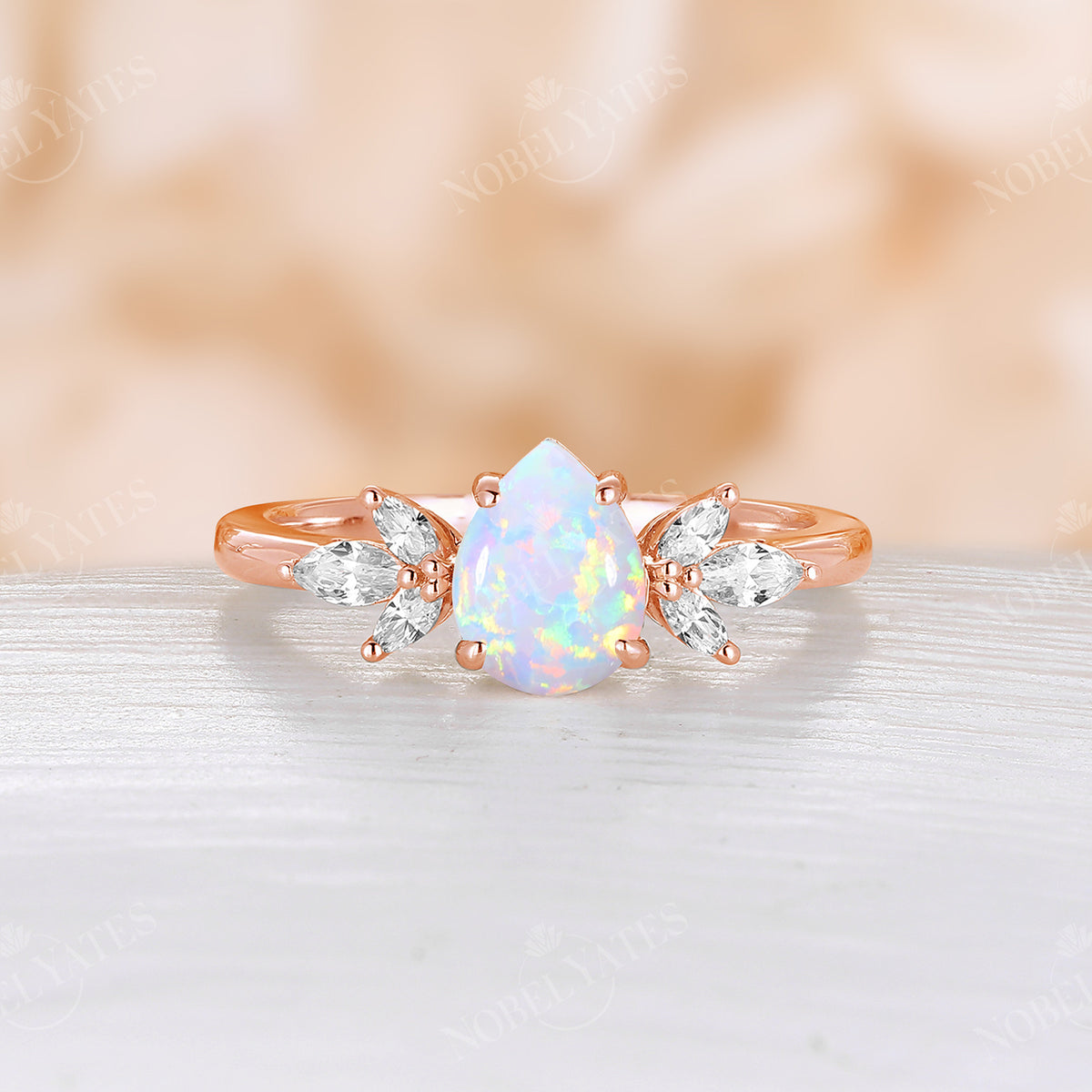 Vintage Pear White Opal Rose Gold Cluster Engagement Ring