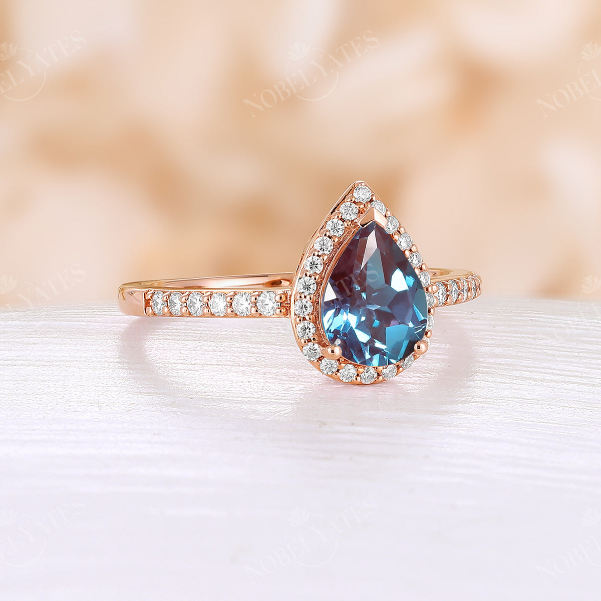 Pear Cut Lab Alexandrite Rose Gold Halo Engagement Ring