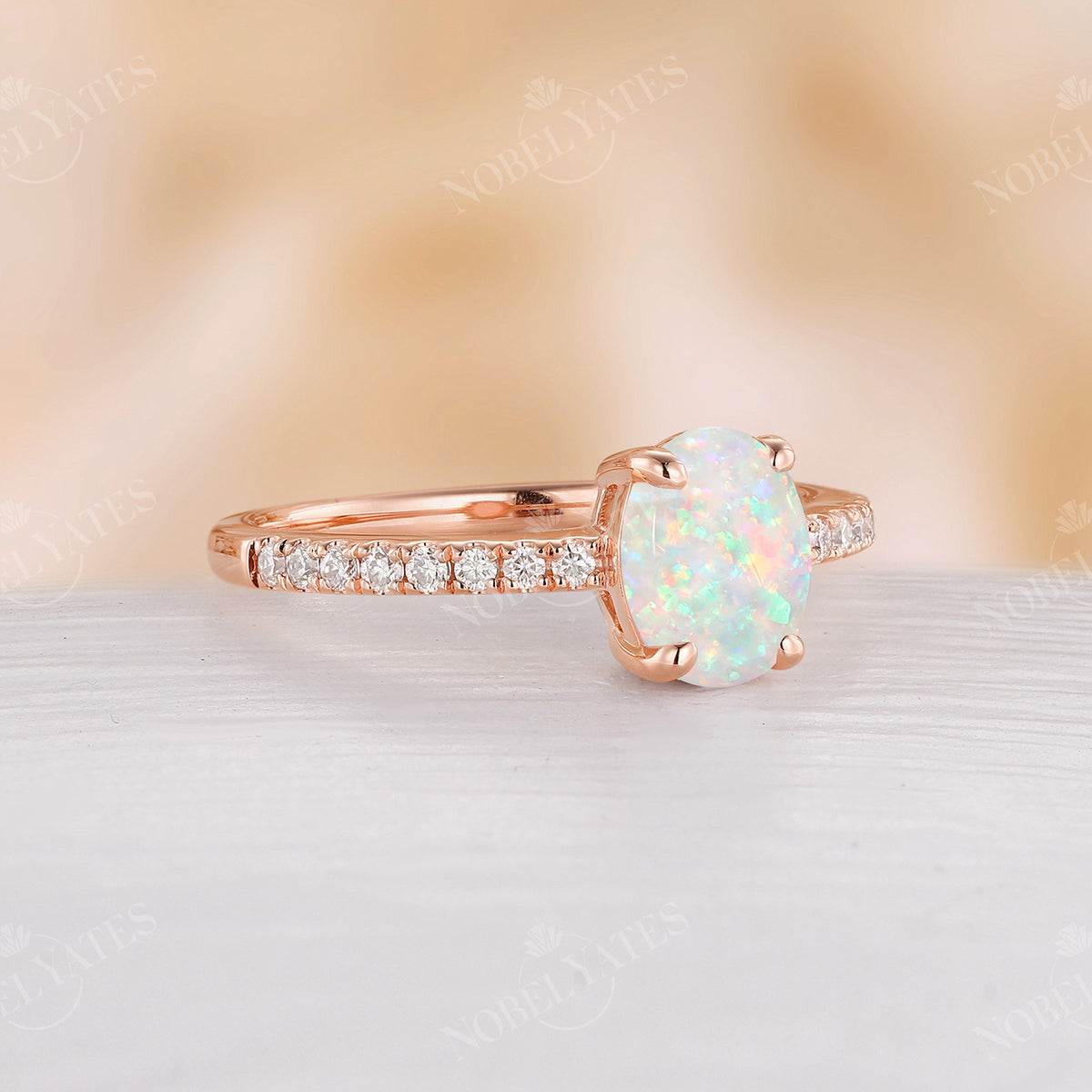 Classic Oval Opal Engagement Ring Moissanite Pave Rose Gold