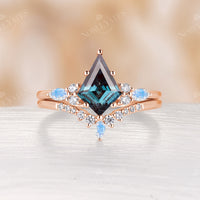 Lab Alexandrite & Moonstone Vintage Cluster Engagement Ring Set Rose Gold