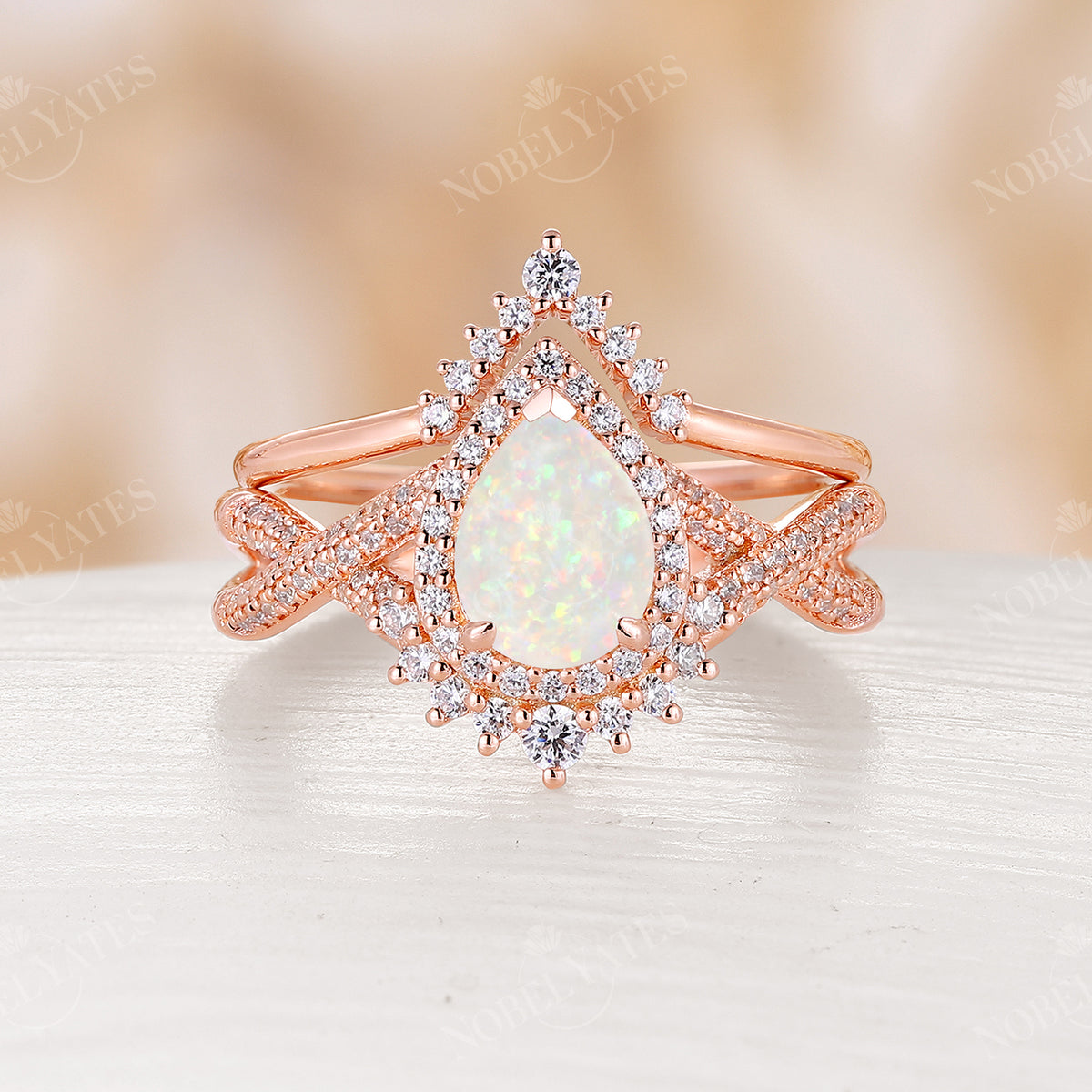 White Opal Vintage Pear Twist & Halo Bridal Set Rose Gold