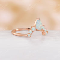 Pear & Round White Opal Curved Wedding Band Rose Gold