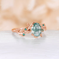 Nature Inspired Moss Agate & Lab Emerald Rose Gold Leaf Engagement Ring