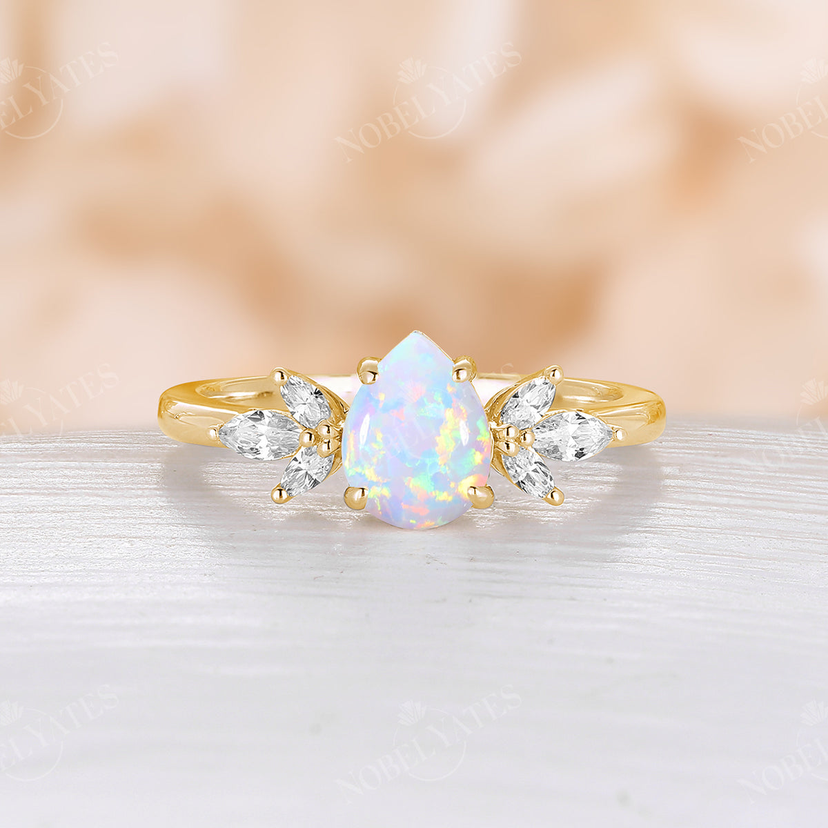 Vintage Pear White Opal Rose Gold Cluster Engagement Ring