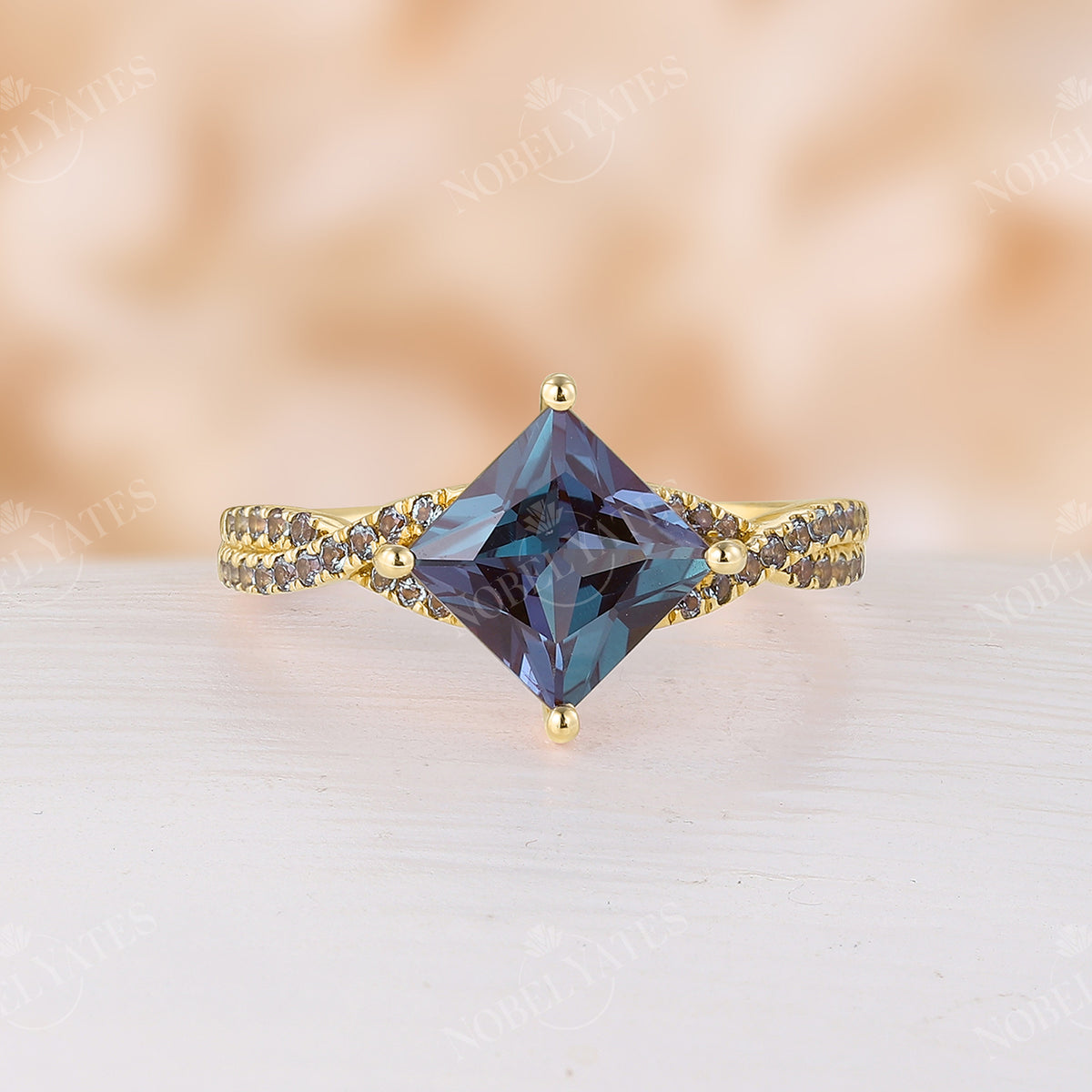 Vintage Princess Cut Lab Alexandrite Rose Gold Twist & Pave Engagement Ring