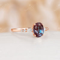 Classic Oval Lab Alexandrite Moissanite Side Stone Engagement Ring
