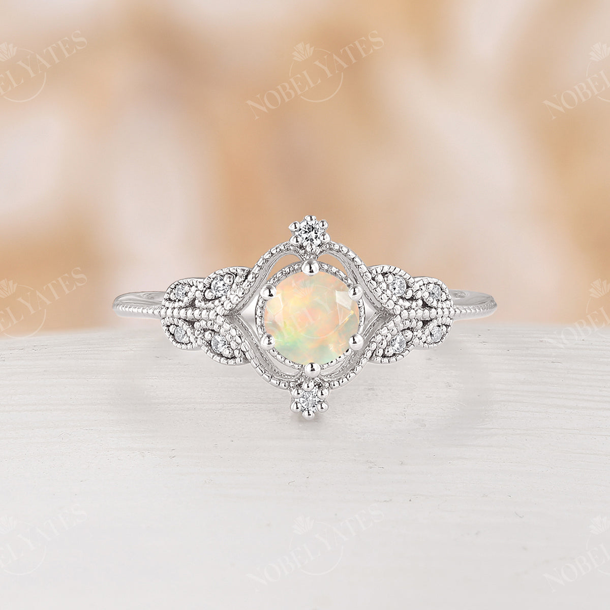 Vintage Faced Ethiopian Opal Milgrain Engagement Ring Rose Gold