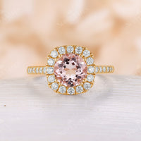 Round Orange Pink Morganite Halo & Pave Engagement Ring