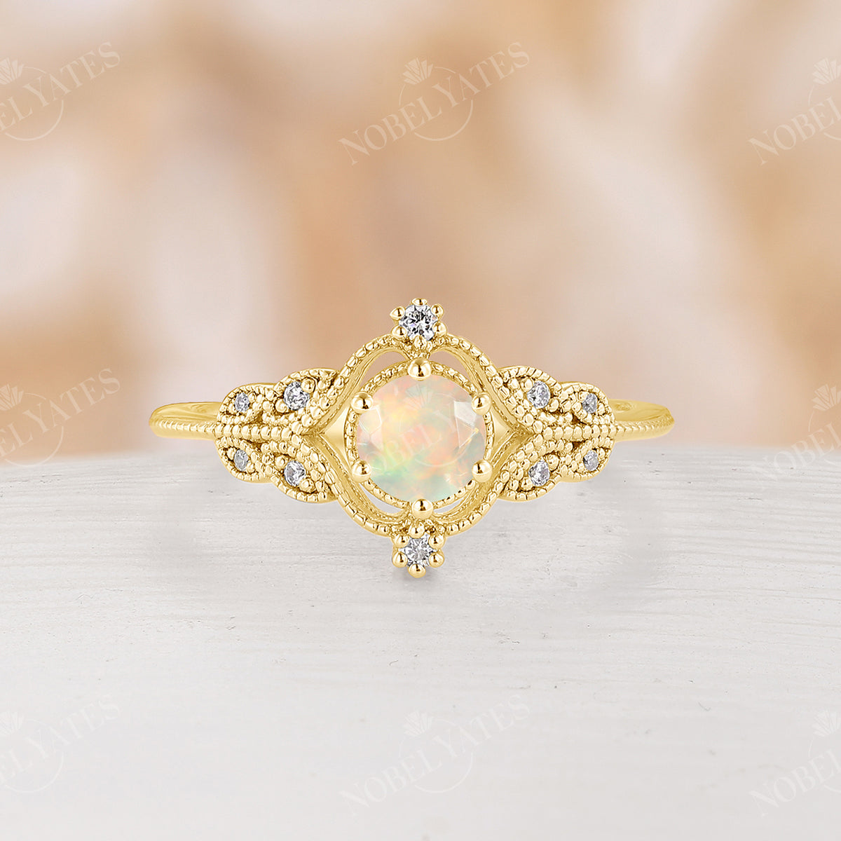 Vintage Faced Ethiopian Opal Milgrain Engagement Ring Rose Gold