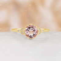 Vintage Round Orange Pink Morganite Milgrain Leaf Engagement Ring