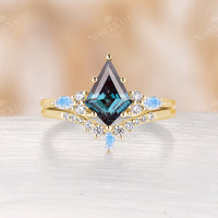 Lab Alexandrite & Moonstone Vintage Cluster Engagement Ring Set Rose Gold