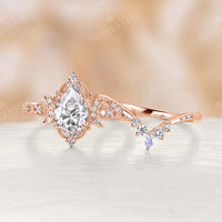 Vintage Pear Moissanite Celestial Moon Engagement Ring Set Rose Gold