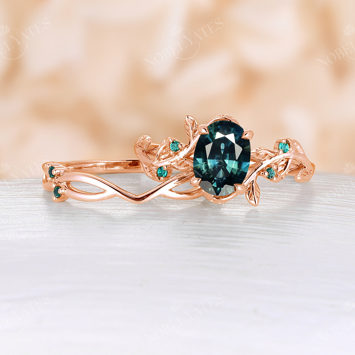 Teal Sapphire Rose Gold Leaves Engagement Ring Set Matching Band