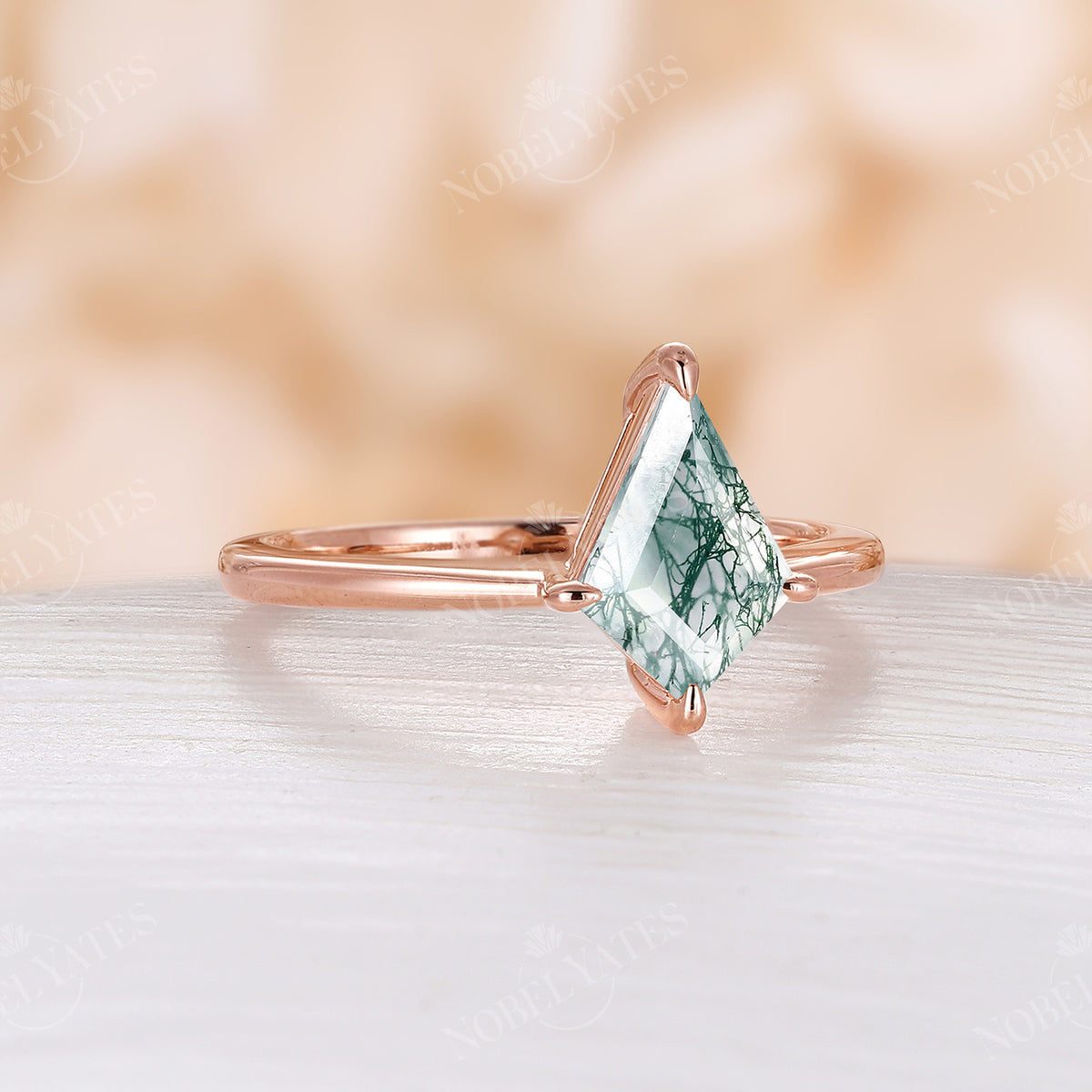 Solitaire Kite Shape Moss Agate Engagement Ring Yellow Gold