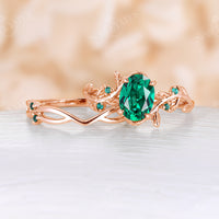 Yellow Gold Lab Emerald Oval Engagement Ring Set Nature Inspired