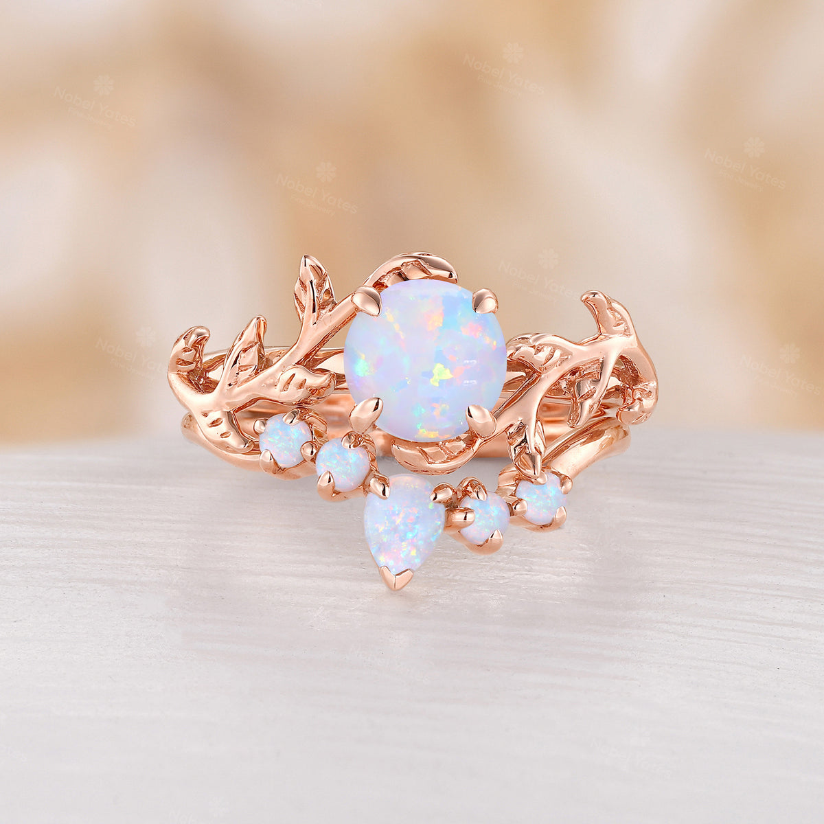 Nature inspired Opal Engagement Ring Set Leaf design Rose Gold