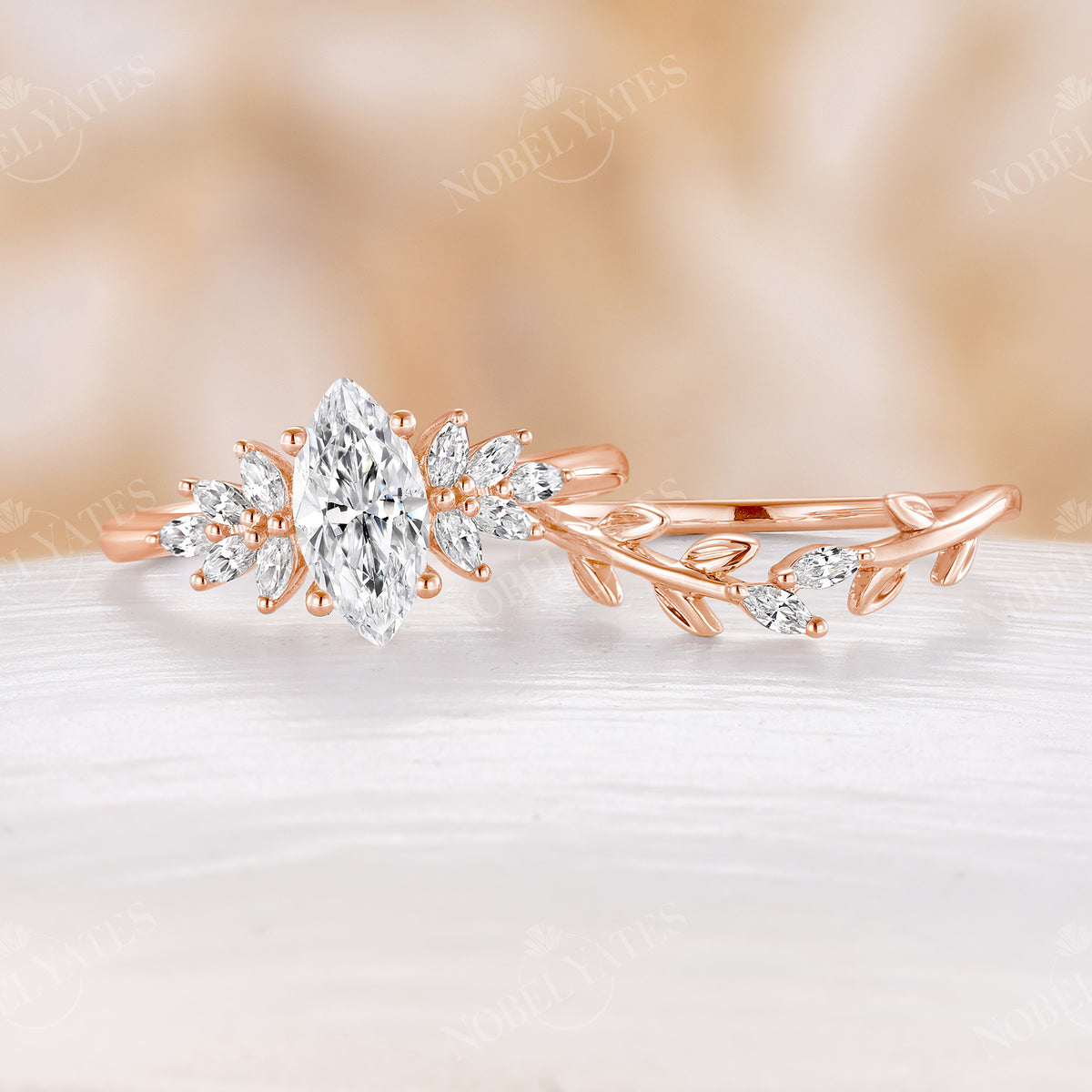 Marquise Shape Moissanite Leaf Bridal Set Side Stone Cluster Ring