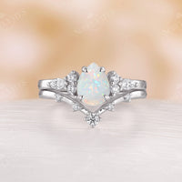 Vintage Pear Opal Cluster Diamond Engagement Ring Set Rose Gold