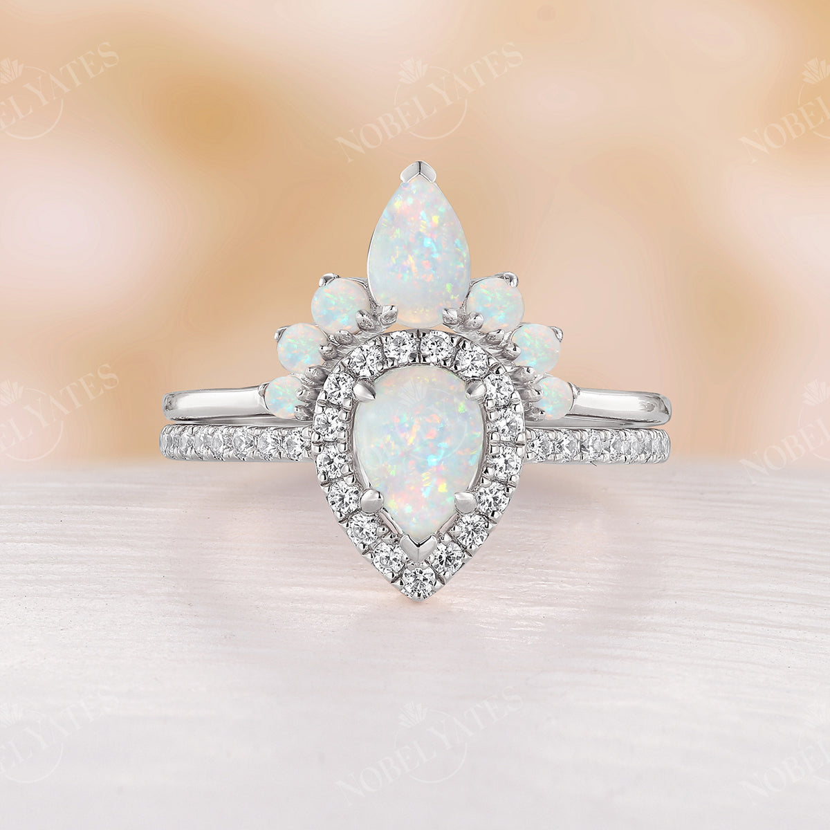 Vintage White Opal & Moissanite Engagement Ring Set Rose Gold