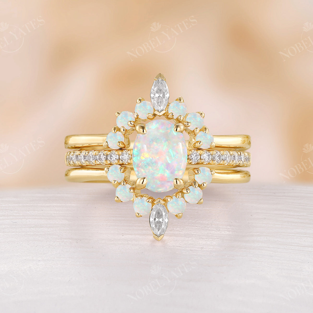 Vintage Oval White Opal Moissanite Pave Bridal Set Rose Gold