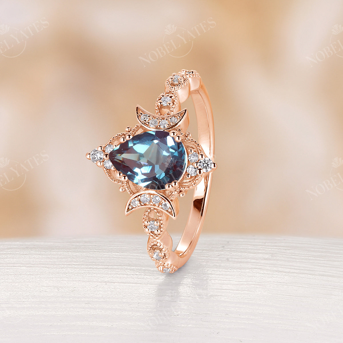 Lab Alexandrite Celestial Pear Cut Engagement Ring Vintage Rose Gold
