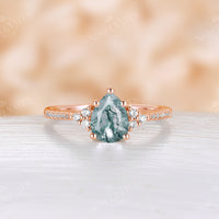 Vintage Pear Cut Moss Agate Pave & Cluster Engagement Ring Rose Gold
