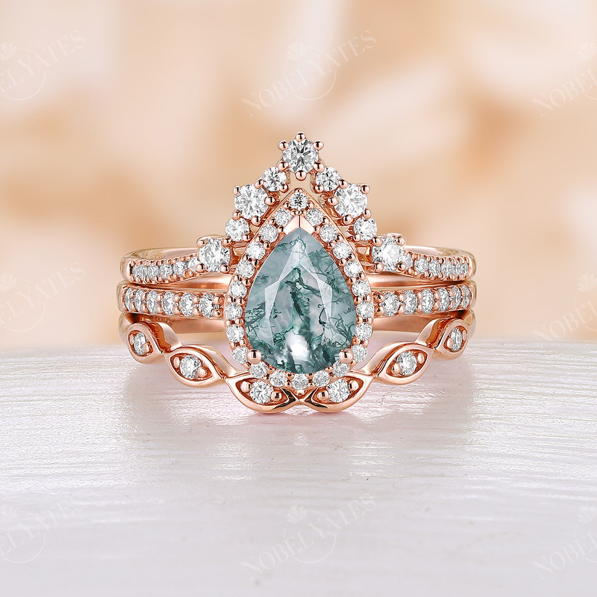 Vintage Pear Moss Agate Rose Gold Halo & Pave Engagement Ring Set