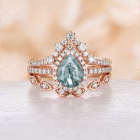 Vintage Pear Moss Agate Rose Gold Halo & Pave Engagement Ring Set