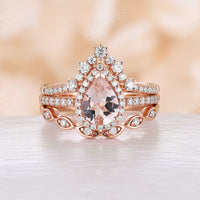 3PCS Orange Pink Morganite Pear Halo Bridal Set Rose Gold