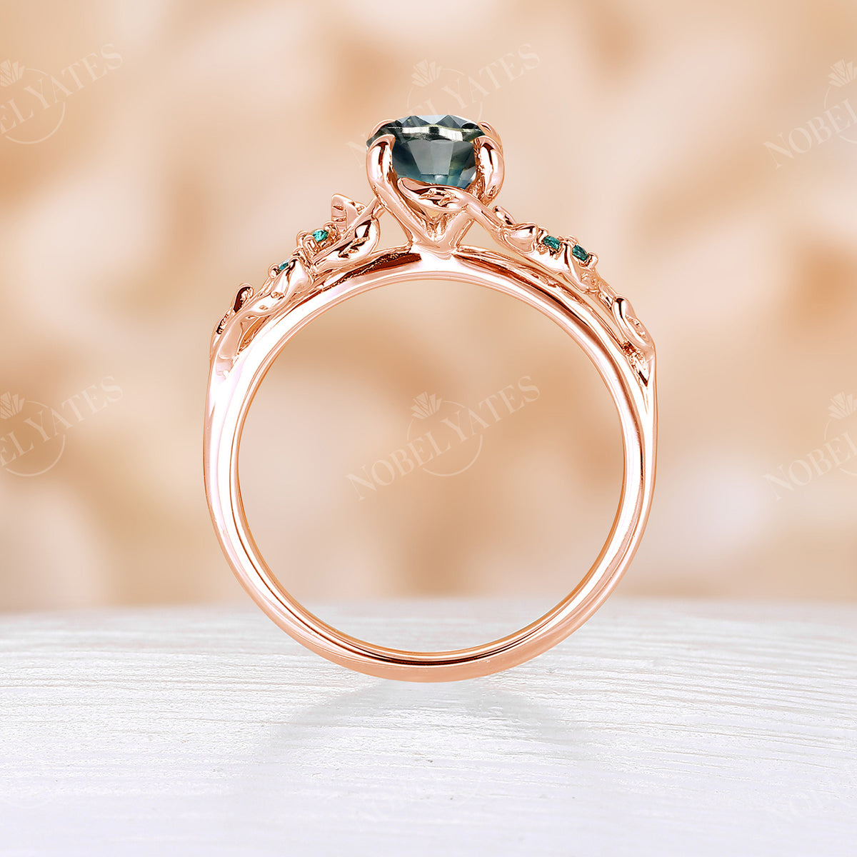 Teal Sapphire Oval Shape Nature Inspired Engagement Ring