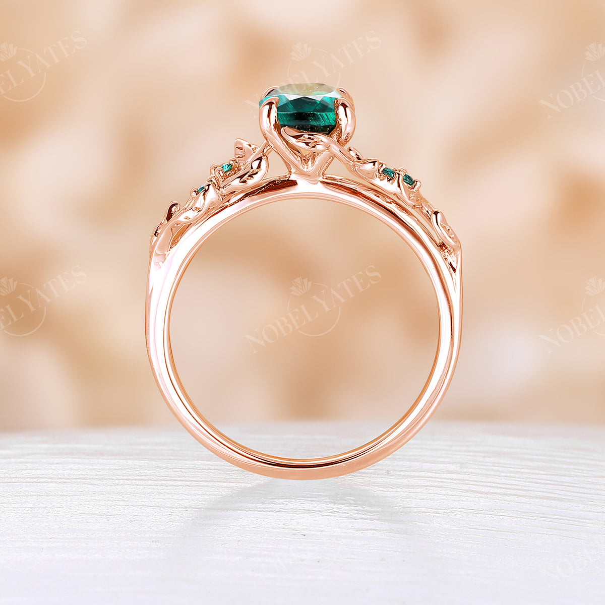 Nature Inspired Oval Lab Emerald Rose Gold Leaf Engagement Ring