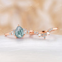 Pear Moss Agate Rose Gold Pearl Curved Band Bridal Set Rose Gold