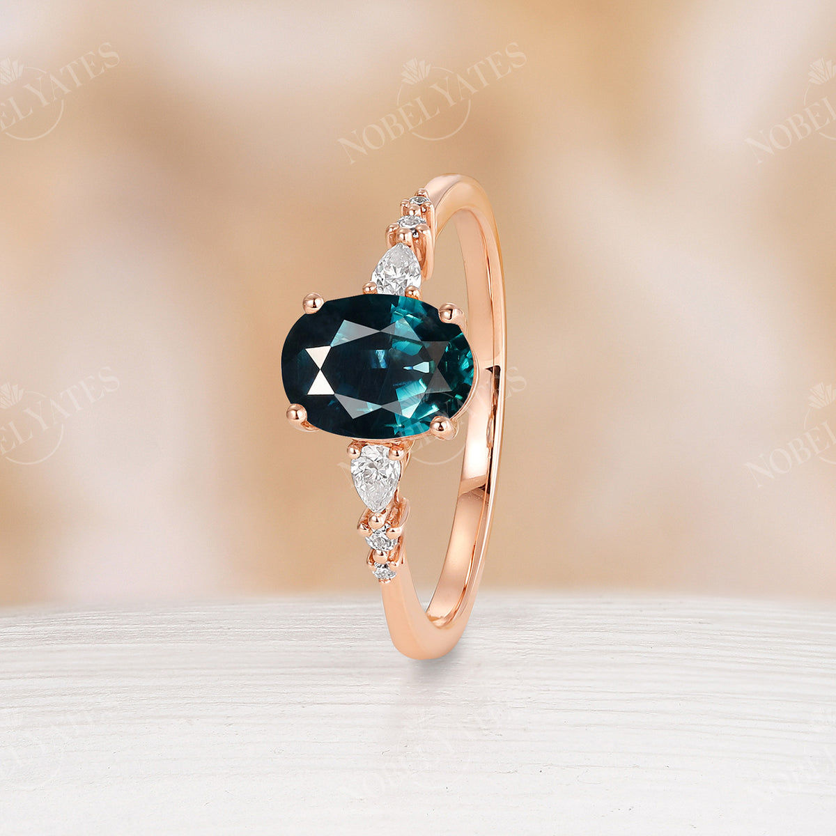 Natural Teal Sapphire Engagement Ring Side Stone Rose Gold