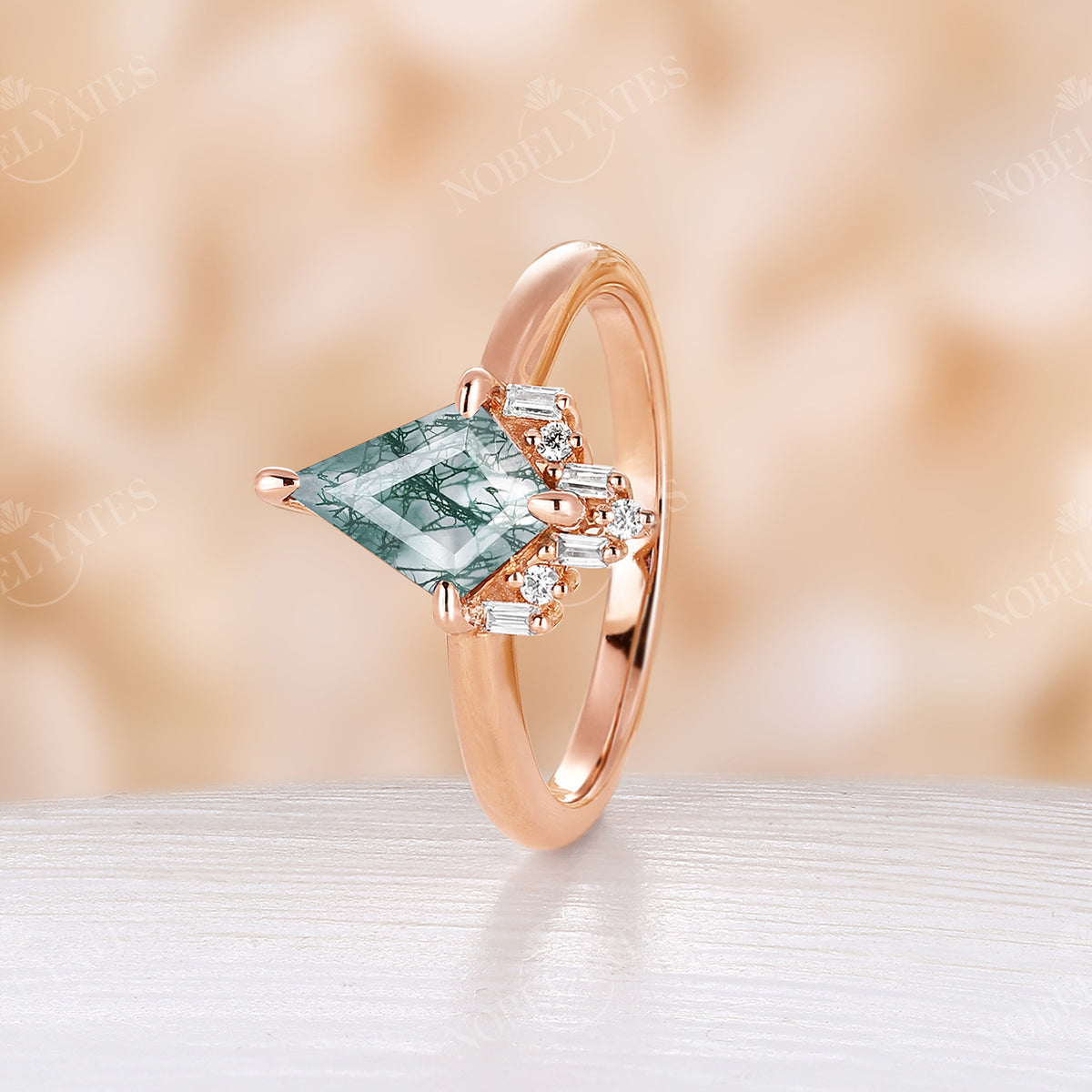 Kite Moss Agate Art Deco Rose Gold Cluster Engagement Ring