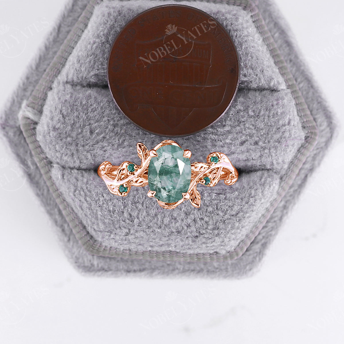 Nature Inspired Moss Agate & Lab Emerald Rose Gold Leaf Engagement Ring