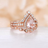3PCS Orange Pink Morganite Pear Halo Bridal Set Rose Gold