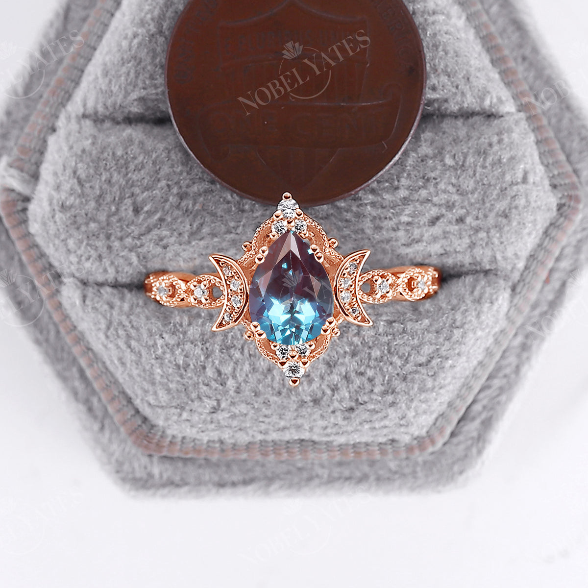 Lab Alexandrite Celestial Pear Cut Engagement Ring Vintage Rose Gold