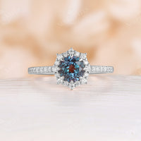 Lab Alexandrite Pave Halo Engagement Ring White Gold