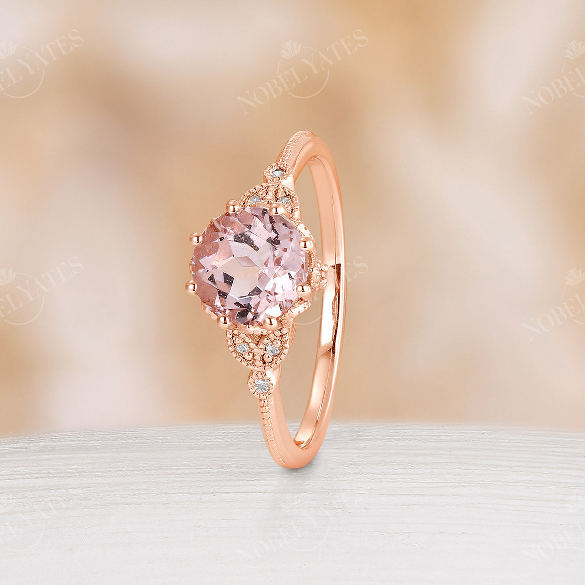 Vintage Round Orange Pink Morganite Milgrain Leaf Engagement Ring