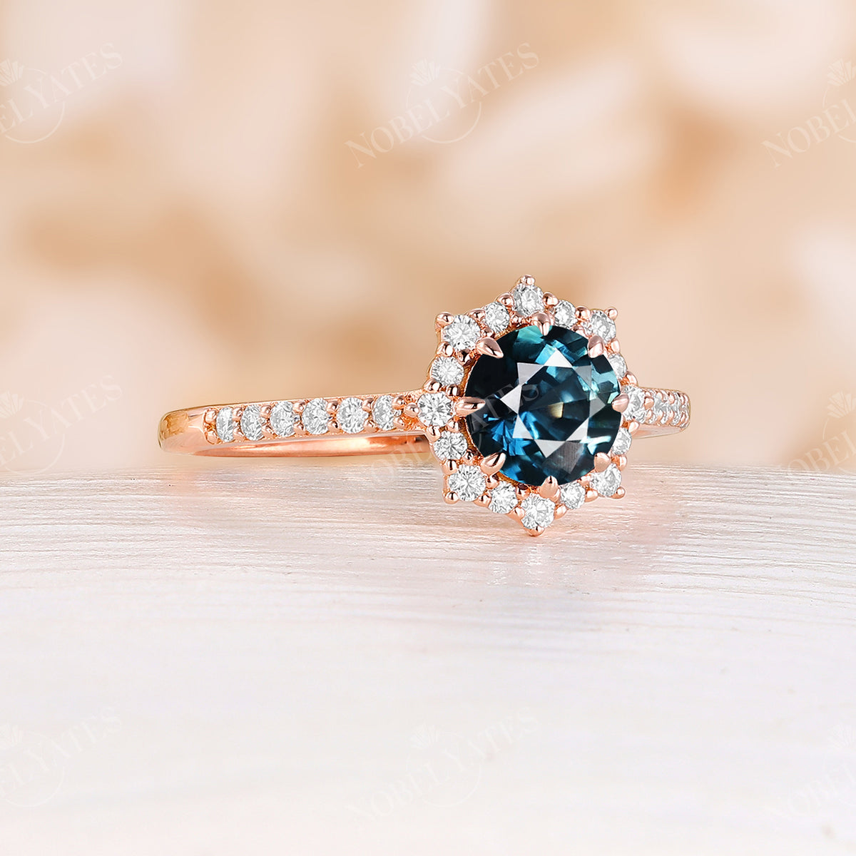 Rose Gold Natural Blue Green Sapphire Engagement Ring