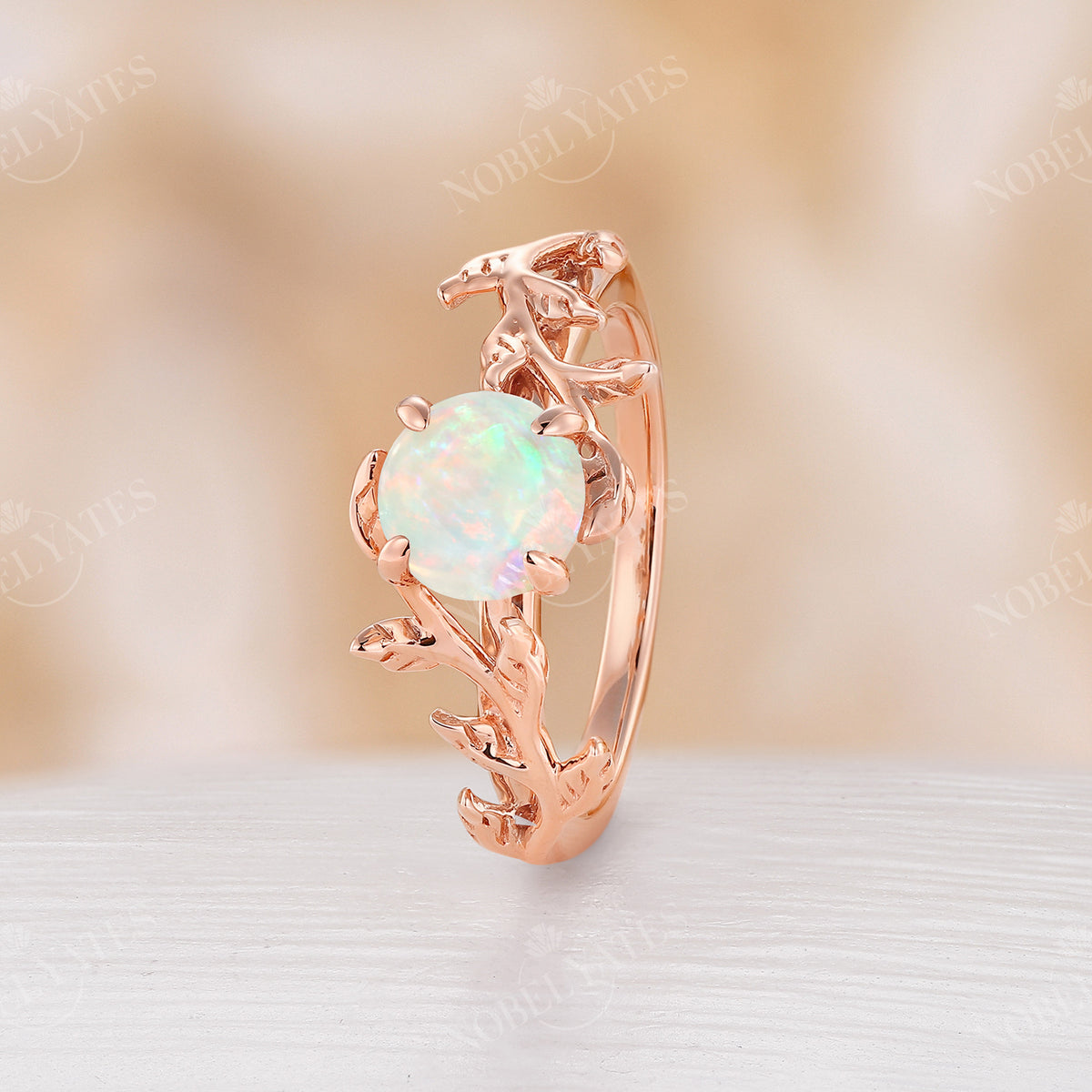 Nature inspired Round White Opal Leaf Engagement Ring Rose Gold