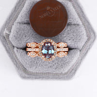 3PCS Oval Cut Lab Alexandrite Rose Gold Halo & Pave Engagement Ring Set