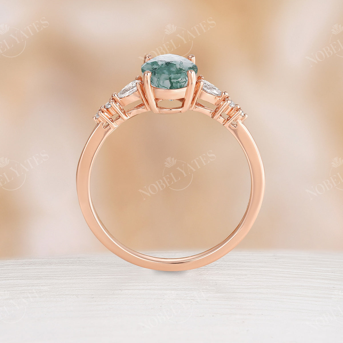 Oval Moss Agate Prong Set Engagement Ring Rose Gold Ring