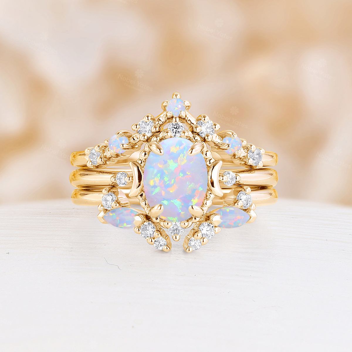 Natural White Opal 3PC Bridal Set Yellow Gold Moon Ring