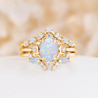 Natural White Opal 3PC Bridal Set Yellow Gold Moon Ring